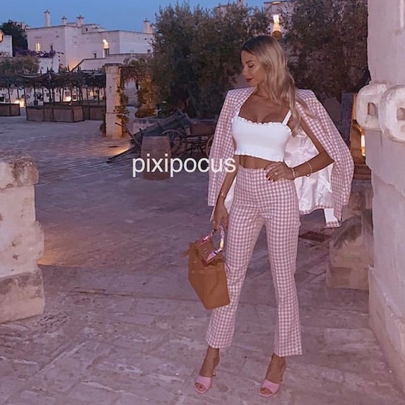 NWT Zara 2 Piece Gingham Belted Blazer + Pants SET - Picture 7 of 12